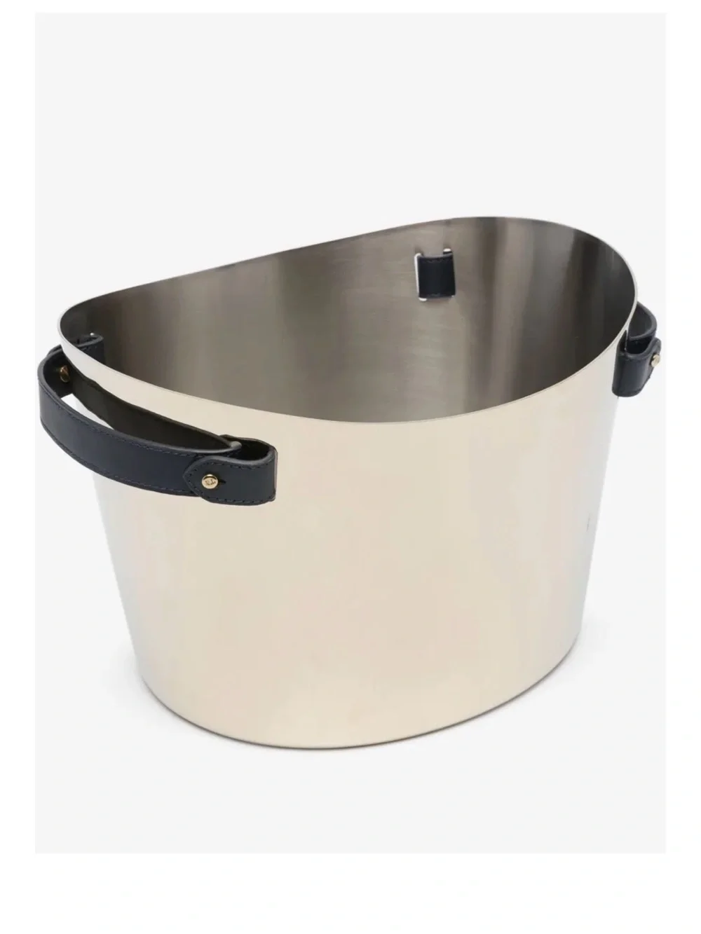 Ralph Lauren Polished Silver Tone Metal Storage Tub with Navy Leather Handles